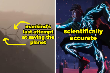 Arrows towards trashed wind turbines with text, "mankind's last attempt at saving the planet," and an illuminated nervous system labeled "scientifically accurate"