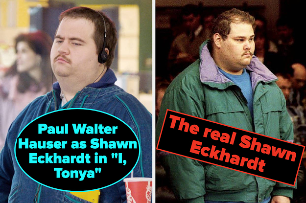 Paul Walter Hauser as Shawn Eckhardt in "I, Tonya" and the real Shawn Eckhardt