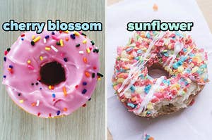 On the left, a donut with strawberry frosting and sprinkles labeled cherry blossom, and on the right, a donut with vanilla frosting a Fruity Pebbles cereal on top labeled sunflower