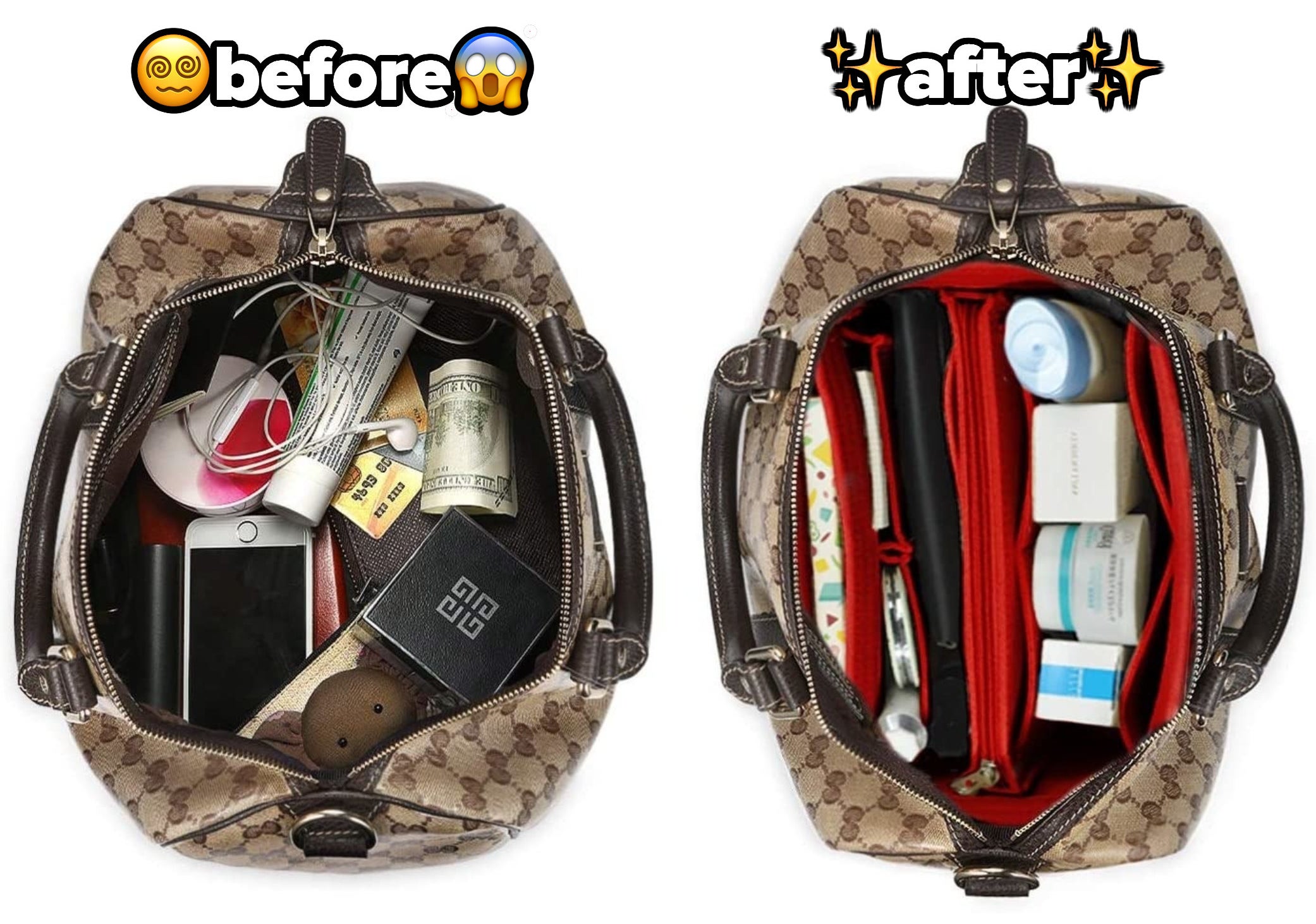 A before and after of a purse, without and then with the organizer