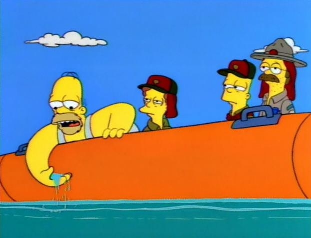 Homer Simpson sipping water from the ocean in a rubber dingy