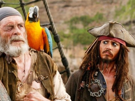 David Bailie as Cotton and Johnny Depp as Captain Jack Sparrow in Pirates of the Caribbean