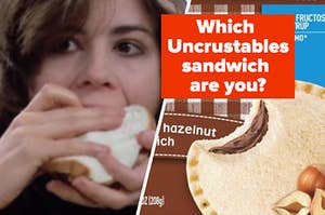 A woman is on the left eating a sandwich with Uncrustables labeled, "Which Uncrustables are you?"