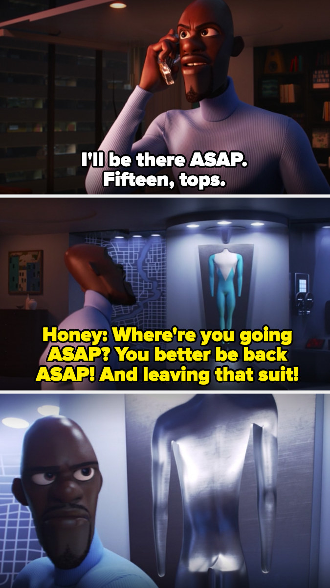 Honey yells at Lucius in the Incredibles 2 while he grabs his super suit