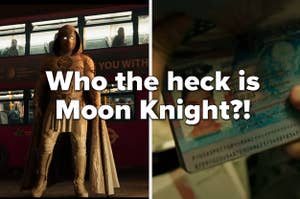 A split thumbnail with one side showing Moon Knight in the dark, glowing in front of a red London bus, and the other image showing a passport for Marc Spector