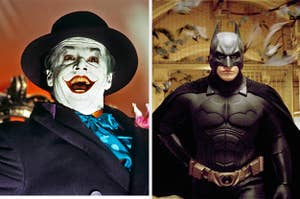 On the left is an image of Jack Nicholsons Joker and on the right is an image of Christian Bales Batman