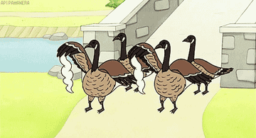 GIF cartoon geese attacking cartoon bird