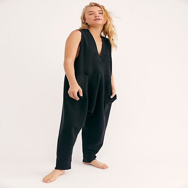 a different model wearing the jumpsuit in black
