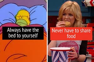 Homer Simpson is tucked into bed and Sam Puckett eats a piece of fried chicken