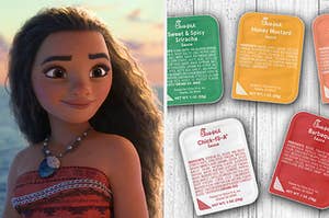 Moana is on the left with Chick-fil-A sauces on the right