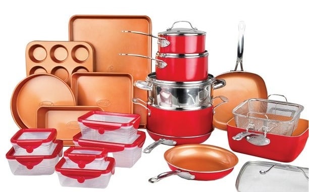 the copper, red and stainless steel cookware set