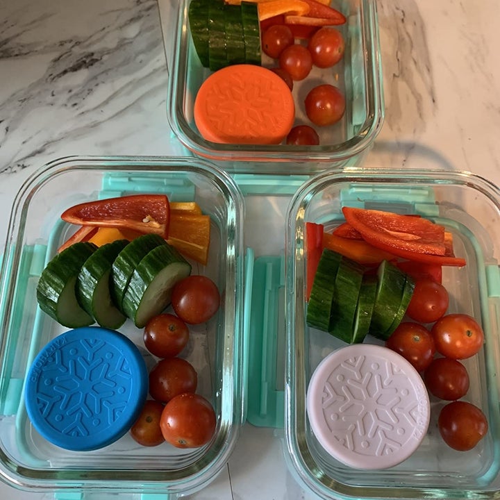 Reviewer's photo showing the condiment container's in their kids' lunchboxes