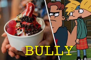 A woman is holding a frozen yogurt with Hey Arnold and a bully on the right labeled, "Bully"