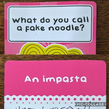 Reviewer's photo of the joke cards