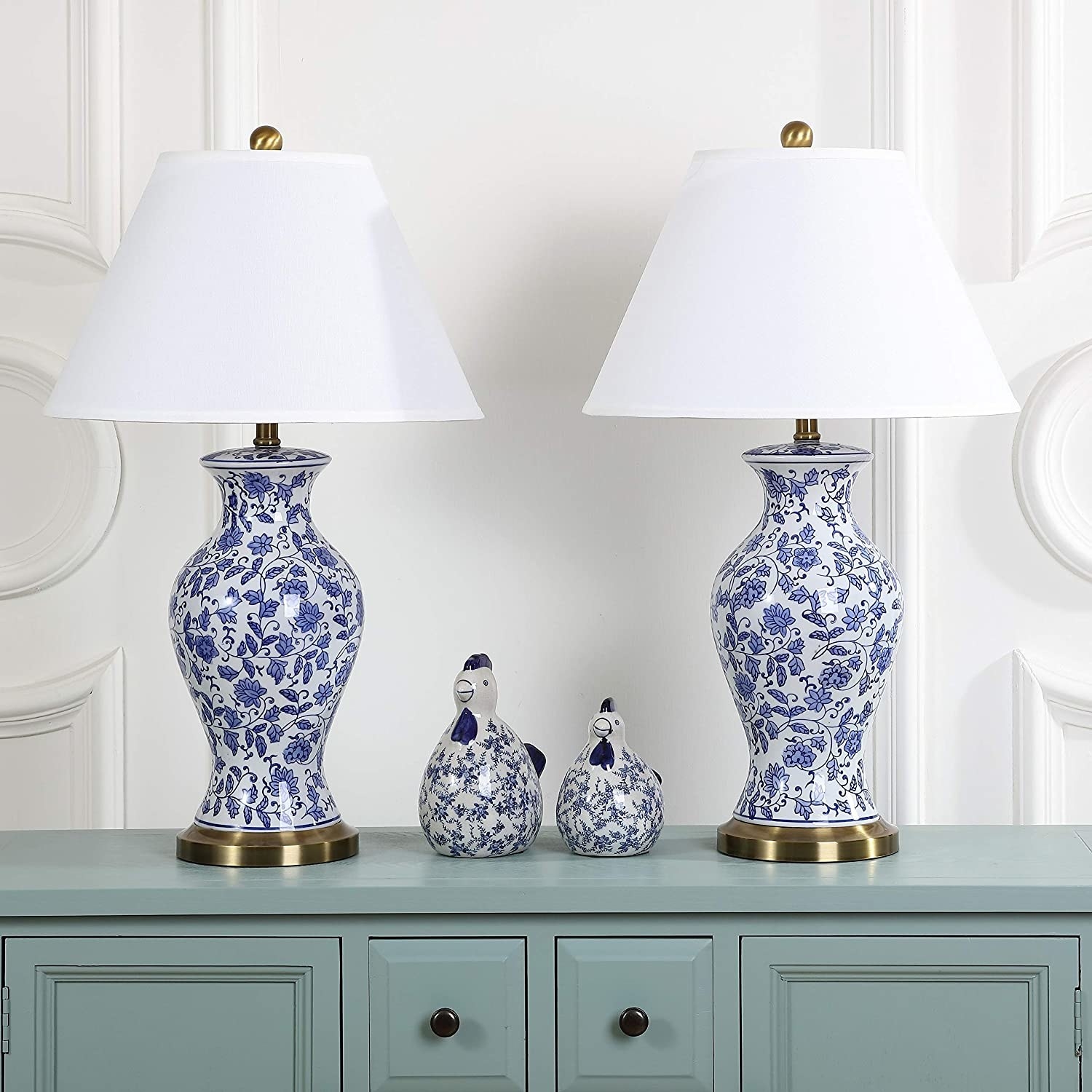 the blue and white floral lamps with white lampshades