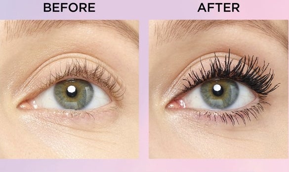 a before and after of a person wearing the mascara in black