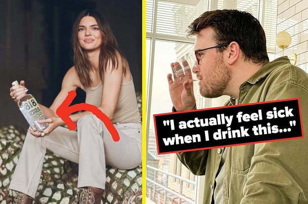 Kendall Jenner holding up a bottle of her 818 tequila with an arrow pointing to it; person sipping the tequila with text: "I actually feel sick when I drink this..."