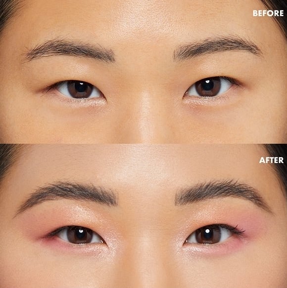 a before and after of a person wearing the brow gel