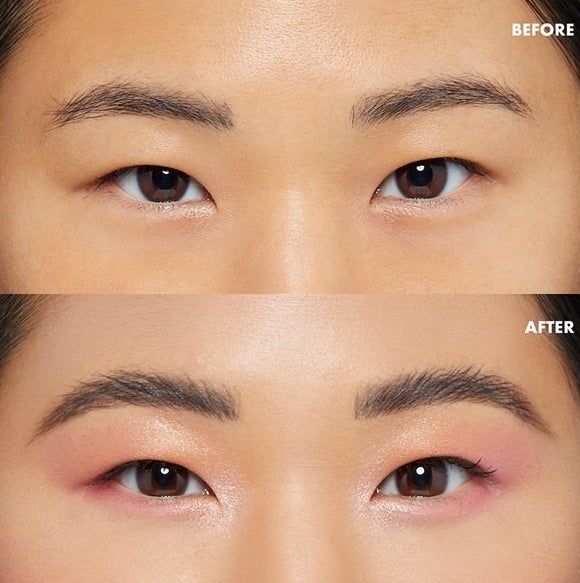 a before and after of a person wearing the brow gel