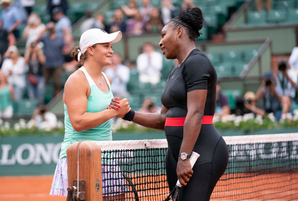 Ash Barty and Serena Williams shaking hands after a tennis match