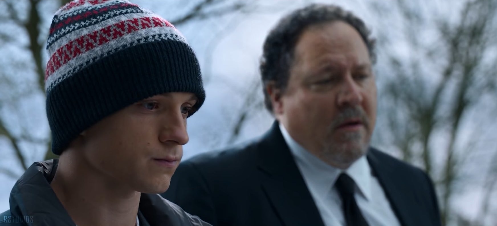 Peter standing next to Happy at May's grave in "Spider-Man: No Way Home"
