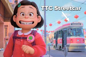 A photo of the main character walking down the street with a TTC Streetcar to her left