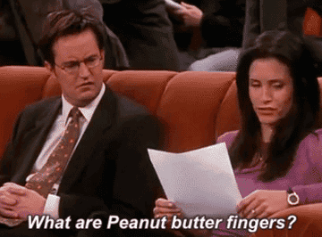 Joey miming eating peanut butter with his fingers after Monica asked him &quot;What are Peanut butter fingers?
