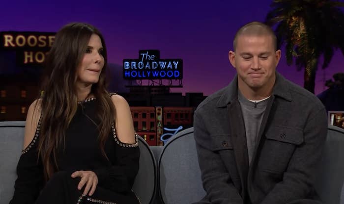 Sandra and Channing sit next to each other as guests on The Late Late Show