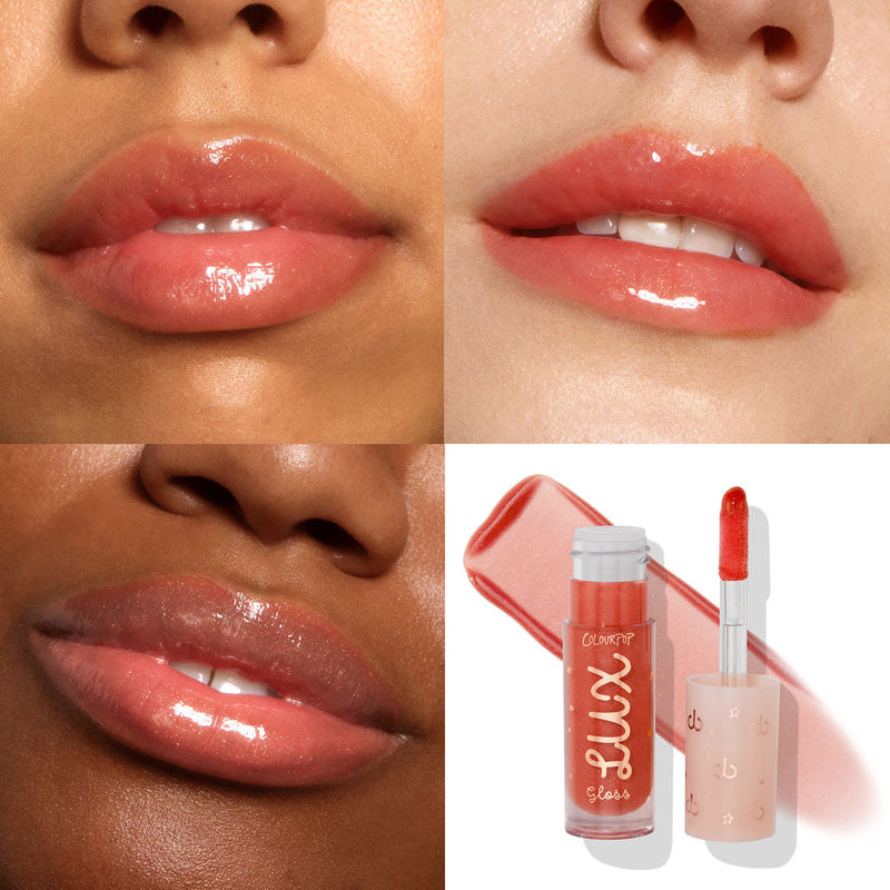 three different models wearing the pink lip gloss
