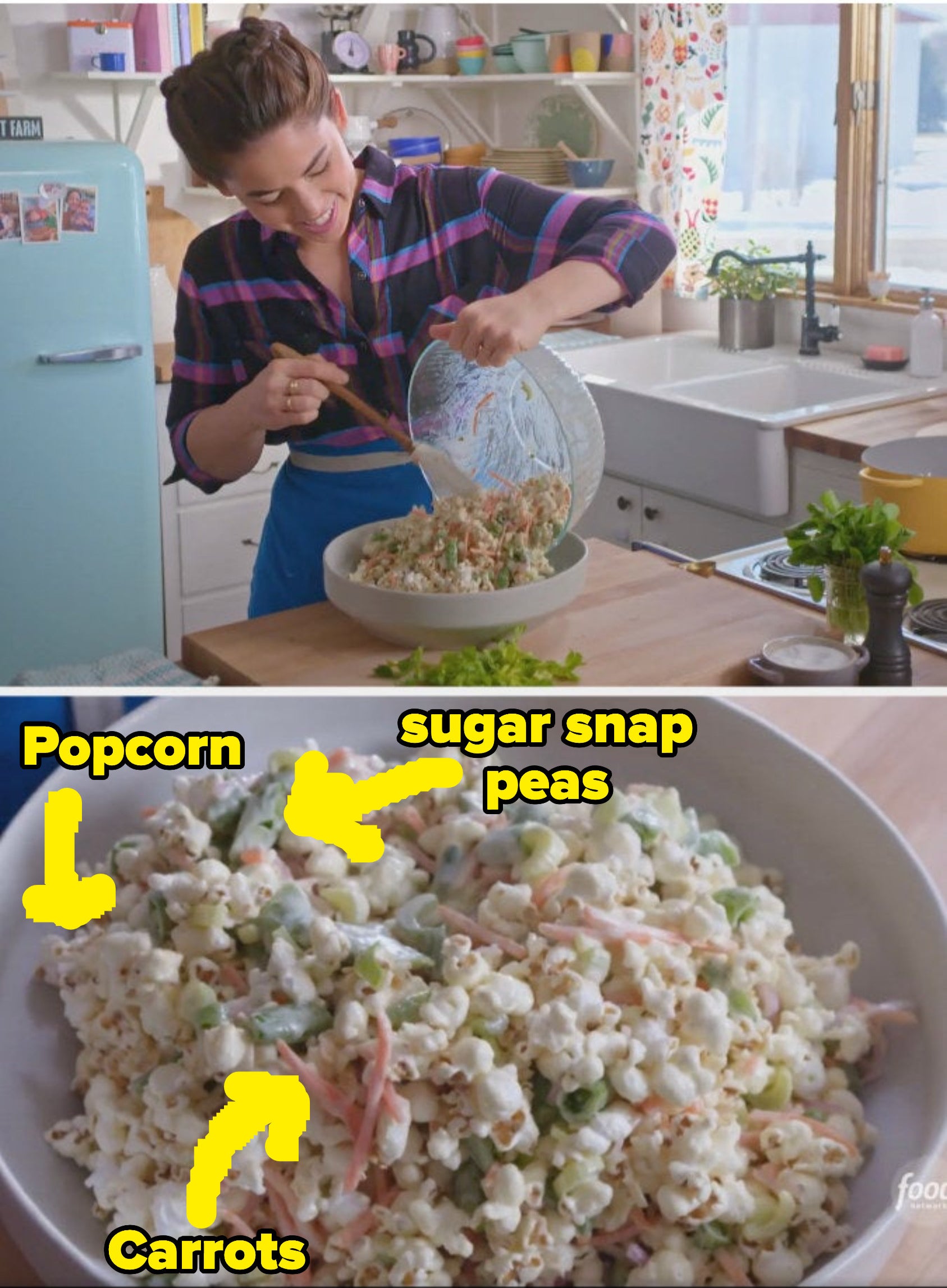Top: Chef Molly Yeh pours a bowl of popcorn salad into a baking dish Bottom: A closeup of a bowl of popcorn salad with ingredients like popcorn, carrots, and sugar snap peas listed