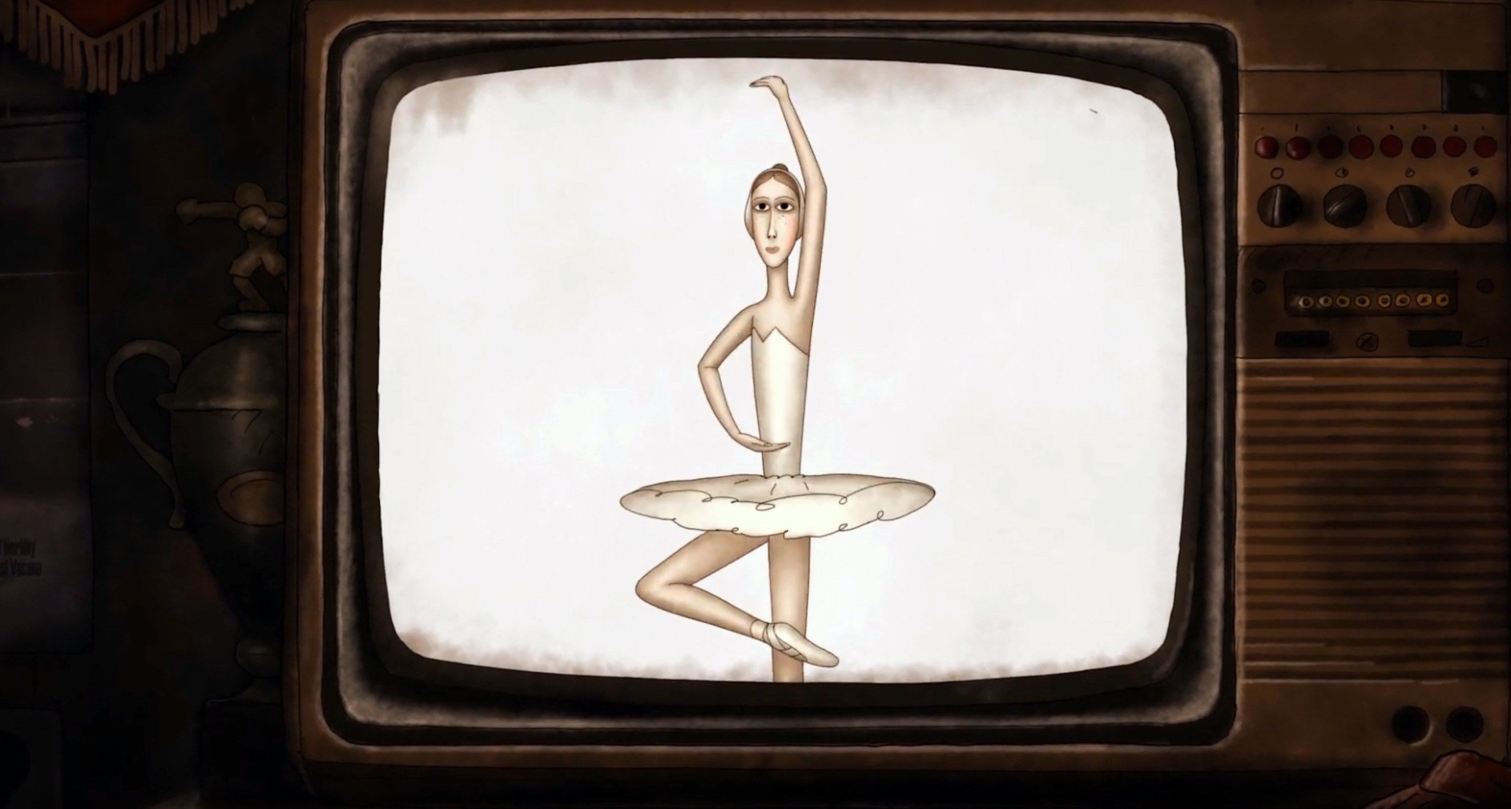 TV with ballerina on it in the film