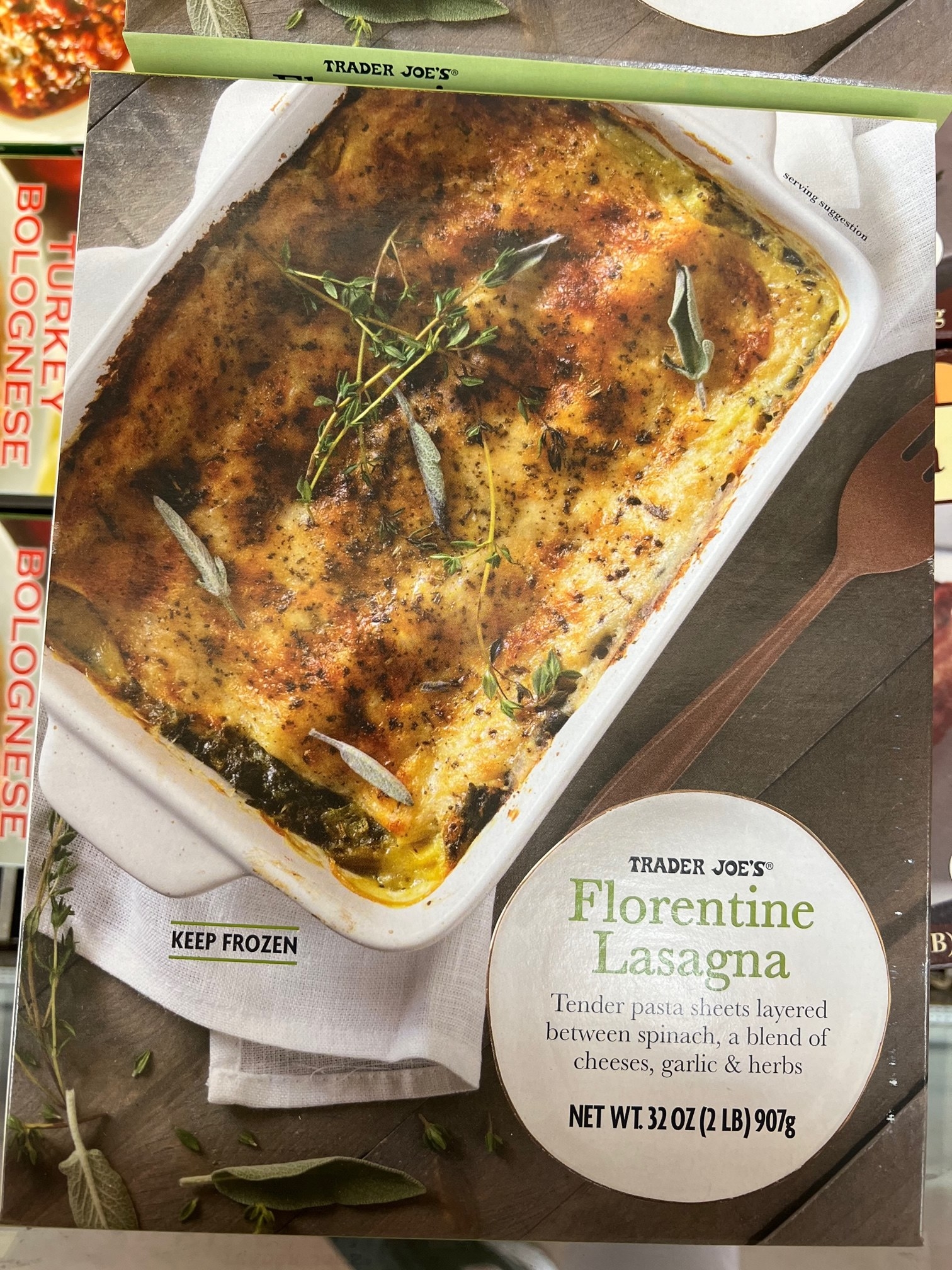 A box of frozen Florentine Lasagna