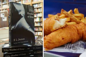 "Fifty Shades of Grey" is in a bookstore on the left with a plate of fish and chips on the right