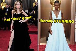 Angelina Jolie wearing her infamous high leg slit Oscar dress labeled not that great, and on the right, Lupita Nyong'o wearing a flowy gown labeled literally stunning