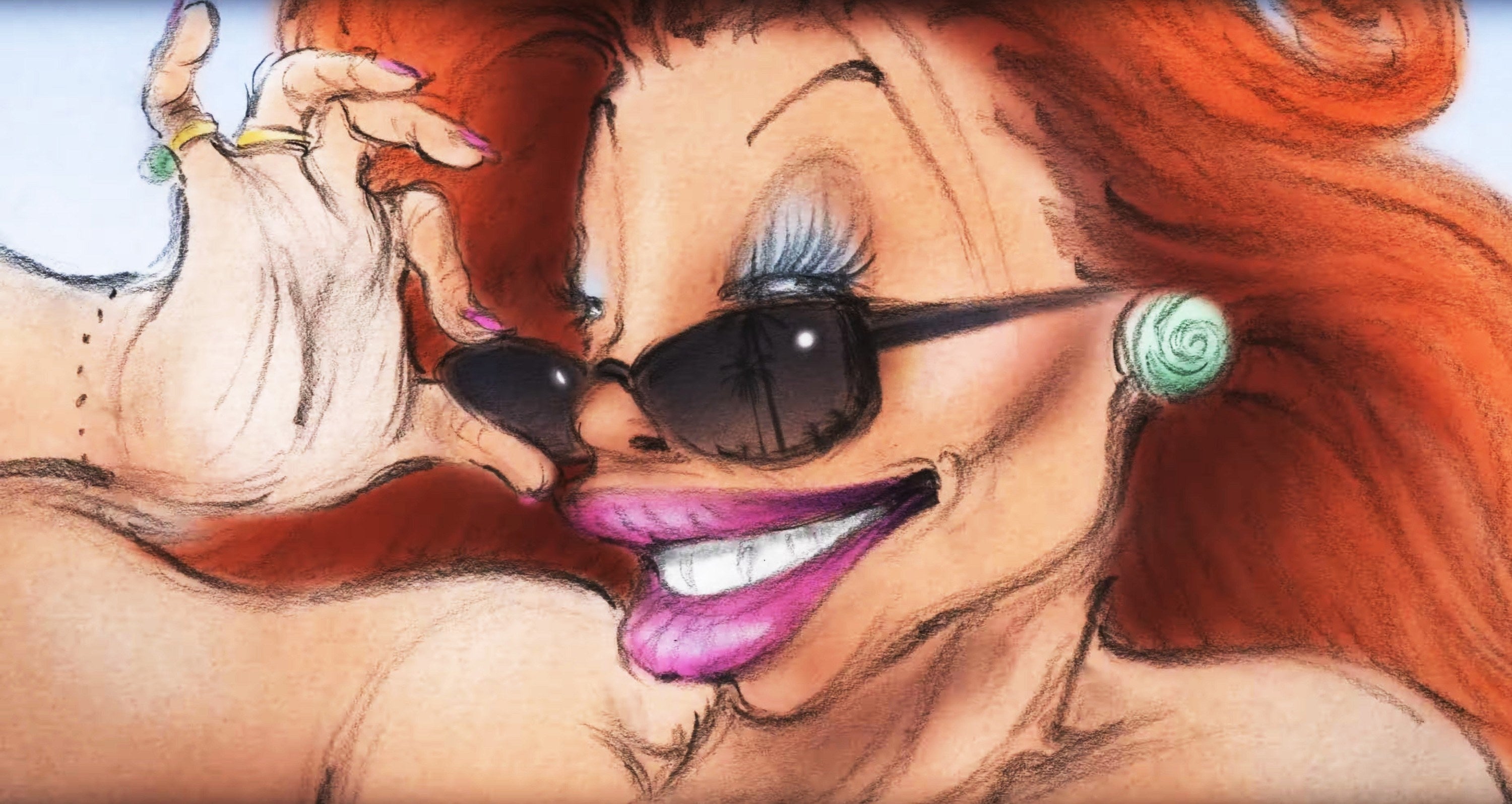 woman pulling her sunglasses down in the film