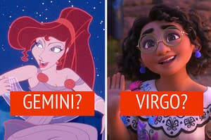 megara on the left with gemini written under her and mirabel on the right with virgo written under her
