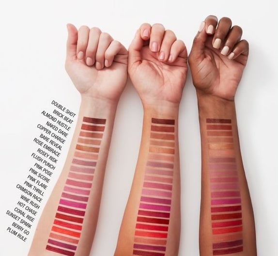 the lipstick shades swatched on three arms