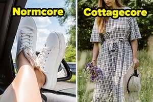 On the left, someone wearing plain sneakers and sticking them out the window of a car labeled Normcore, and on the right, someone wearing a plaid maxi dress with flowers and a sunhat in their hand labeled Cottagecore