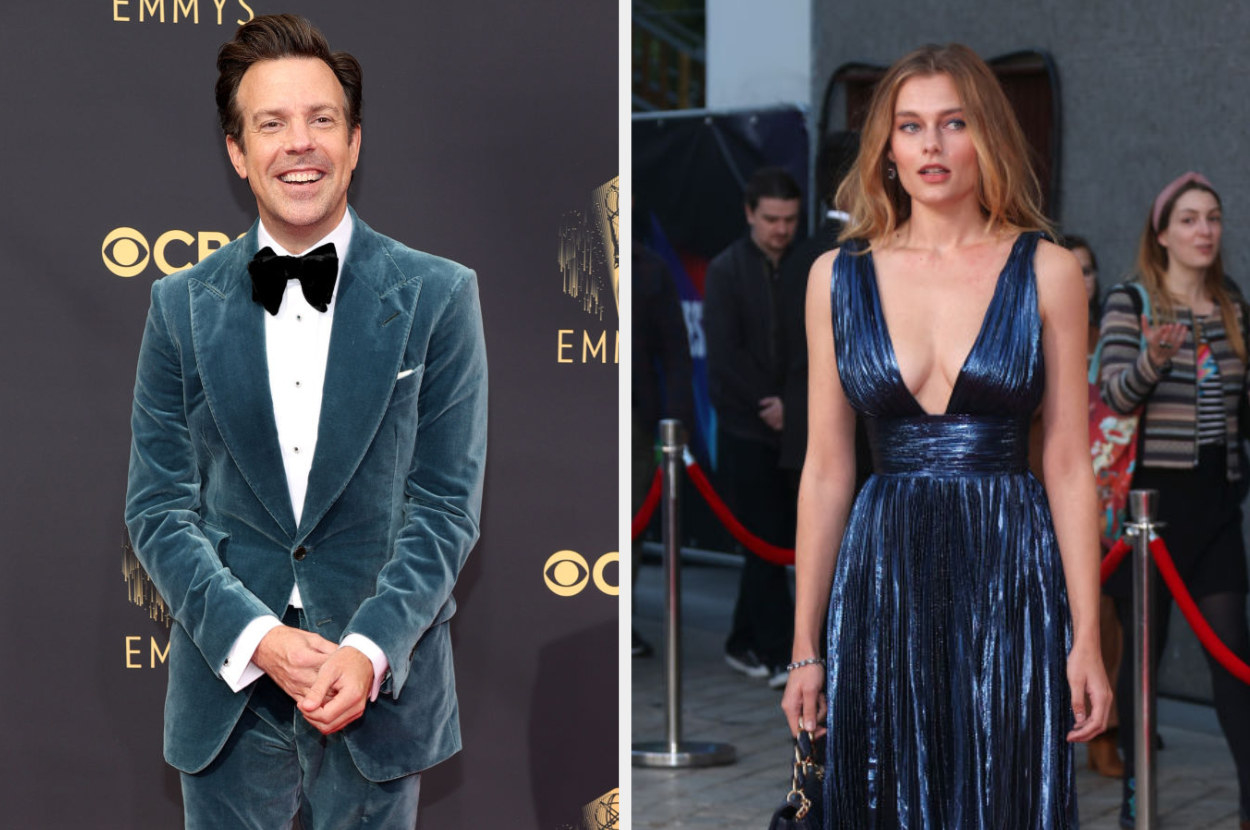 on different red carpets, Jason wears a vibrant velvet tux, and Keeley wears a shiny halter dress with a deep V neckline