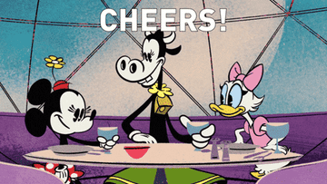 a gif of minnie mouse, clara bell, and daisy clinking glasses of milk