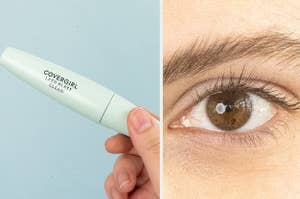 tube of covergirl mascara next to a zoomed in eye