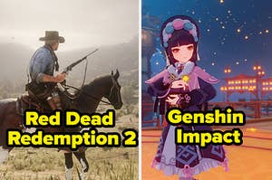 A split image with Arthur Morgan riding a horse and holding a rifle in "Red Dead Redemption 2" and on the right a regal character from "Genshin Impact" stood near some lanterns in an arena at night
