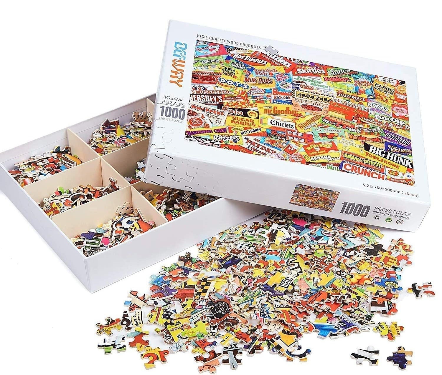 The puzzle box open with the pieces spilling out on a plain background