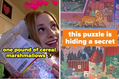 L: reviewer holding a one pound bag of cereal marshmallows R: closeup illustration of a puzzle with text on the image that says "this puzzle is hiding a secret"