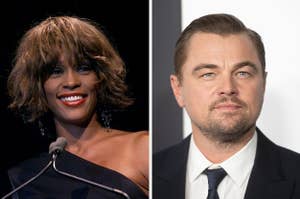 Whitney Houston and Leonardo DiCaprio both looking at the screen