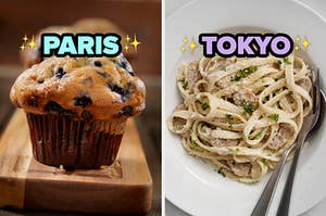 On the left, a blueberry muffin labeled Paris, and on the right, some chicken Alfredo labeled Tokyo