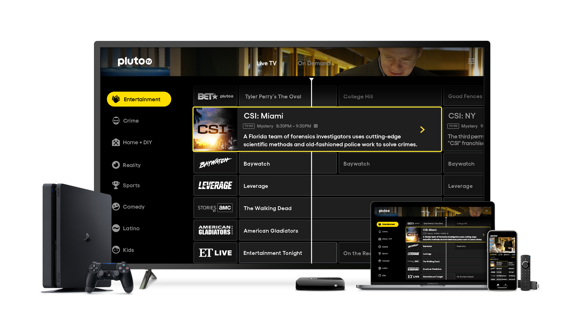 Pluto TV steaming service on a smart tv and laptop and mobile phone