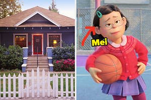 On the left, a cute little house with bushes surrounding it and a picket fence out front, and on the right, Mei from Turning Red with a basketball in her hand