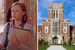 On the left, Rory Gilmore, and on the right, a tall building at the University of Tennessee