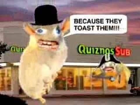 Two hamster-like rodents singing in front of a Quiznos